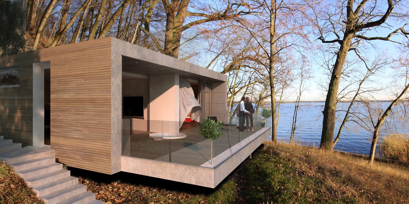 Nowoczesny dom nad jeziorem zaprojektowany przez Vision Project — wizualizacja